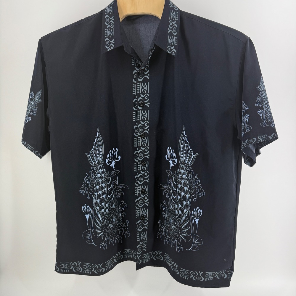 7 Diamonds Mens XL Black Koi Fish Tribal Graphic Button Down Short Sleeve Shirt - Picture 3 of 7